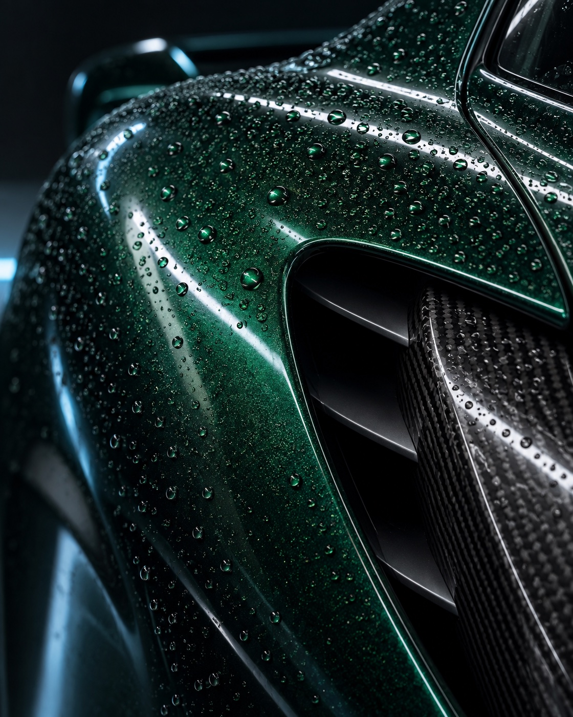 Emerald metallic bodywork with ceramic water beading and carbon-fiber detail