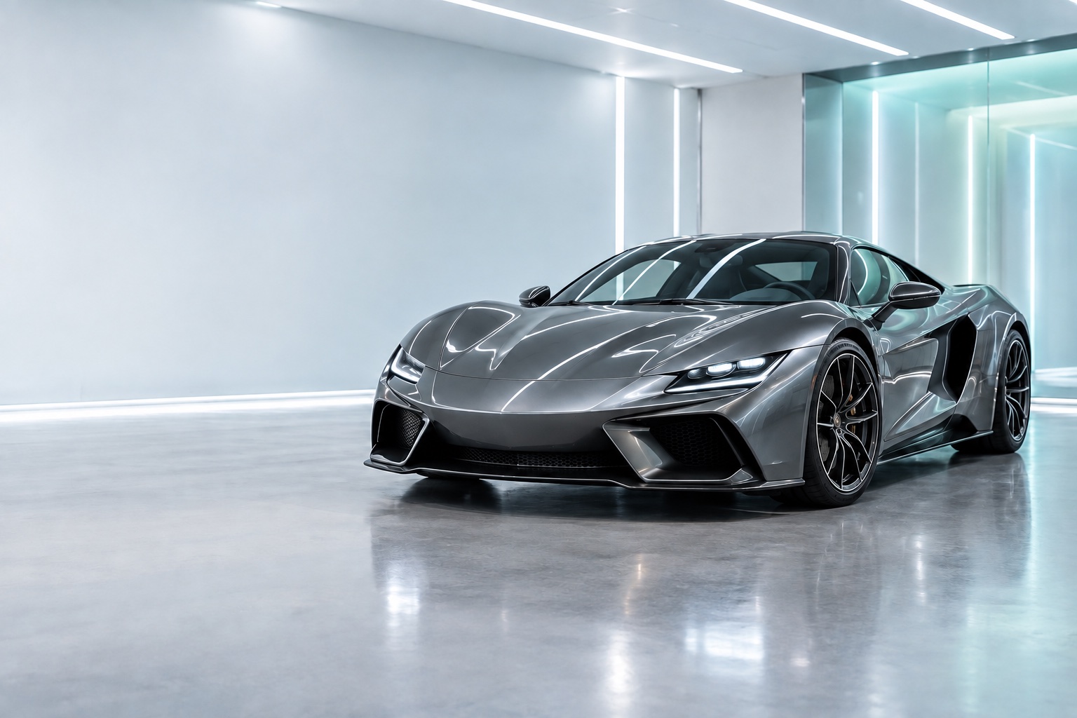 Graphite exotic performance car with a mirror finish in a bright detailing studio